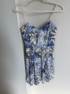 Parker Blue White Floral Embroidered Eyelet Smocked Back Sundress S